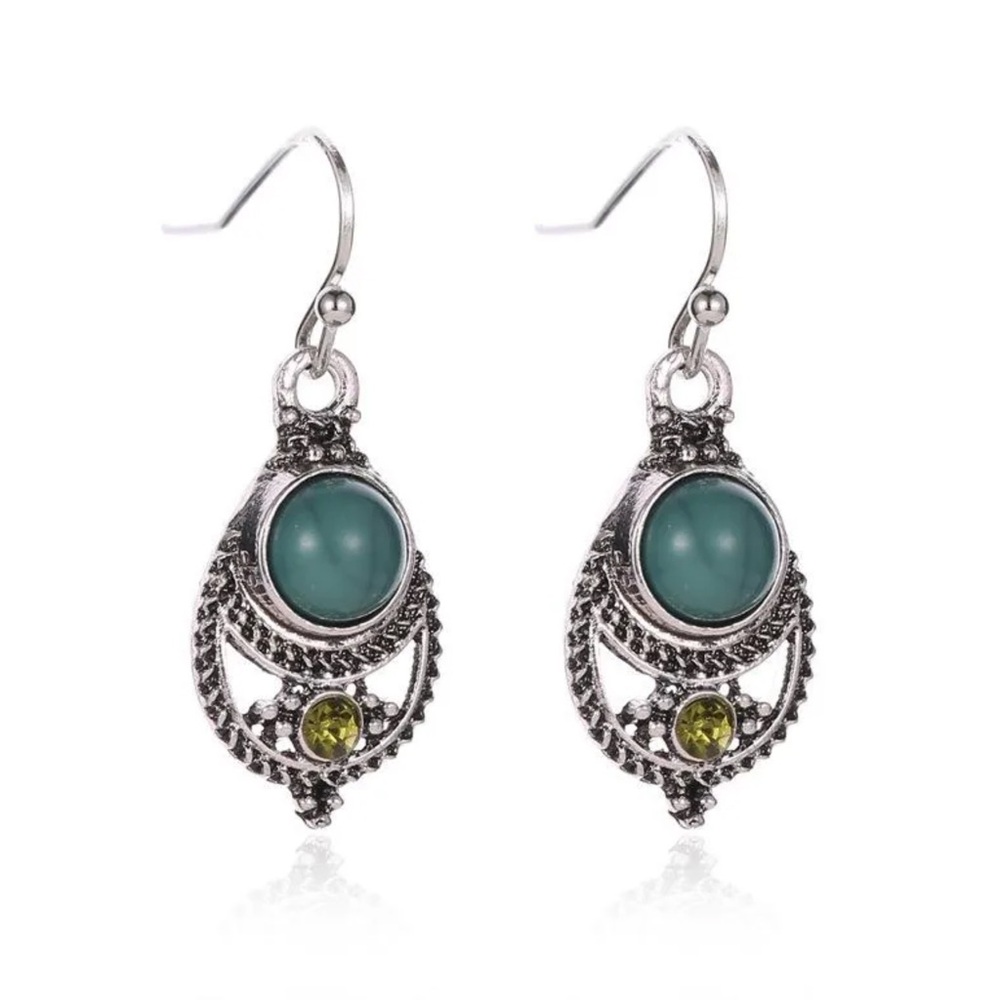 Silver Turquoise Amber Boho Glam Drop Earrings - Picture 2 of 4
